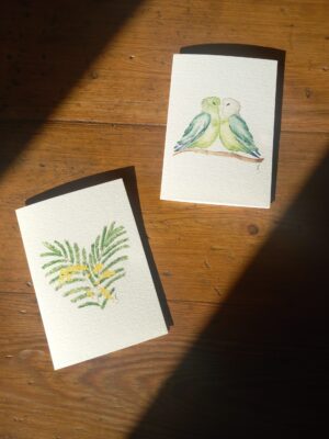 carte de saint valentin aquarelle mimosa et inséparables