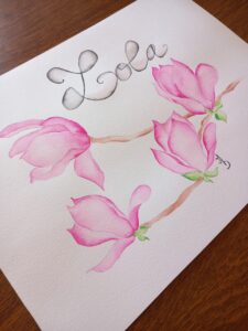 affiche aquarelle personnalisée avec fleurs de magnolias et prénom