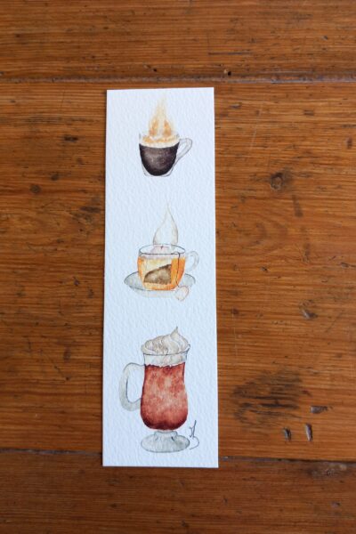 marque-page aquarelle tasses café, thé, et chocolat chaud