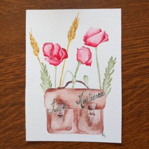 affiche aquarelle personnalisable pour cadeau fin d'année motif cartable et coquelicots