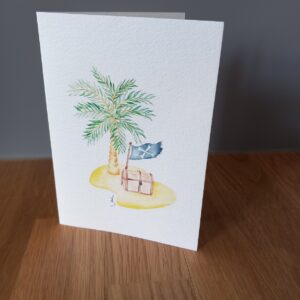 Carte aquarelle motif ile au trésor avec palmier et coffre de pirate