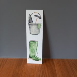 marque-page aquarelle jardinier avec bottes en caoutchoute, seau et outils de jardinage